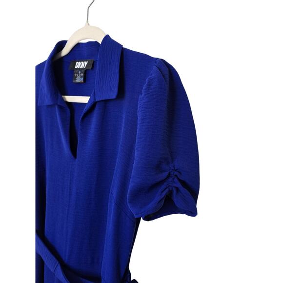 DKNY Royal Blue Waist Tie Short Cinch Sleeve V-Neck Dress - Picture 4 of 5